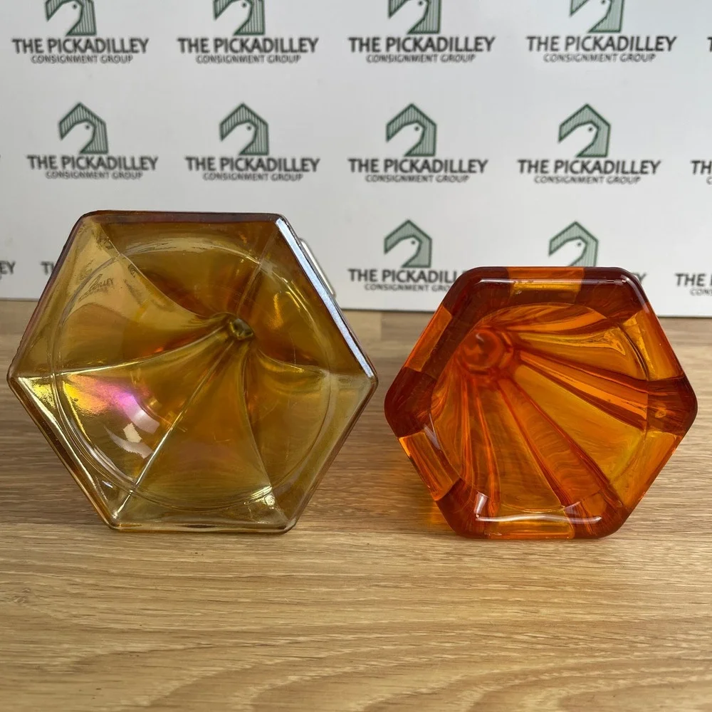 Vintage Marigold Carnival Glass & Amber Hexagonal Candlestick Holders Set of 2